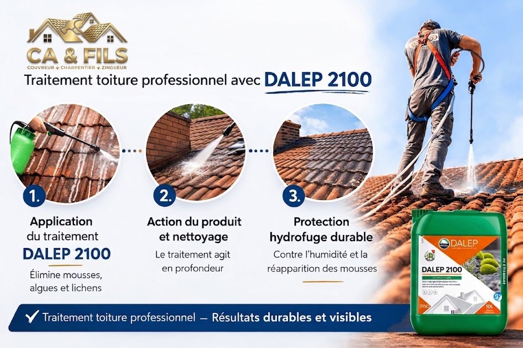 Traitement de toiture professionnel DALEP 2100 par CA et FILS : application, nettoyage et protection hydrofuge