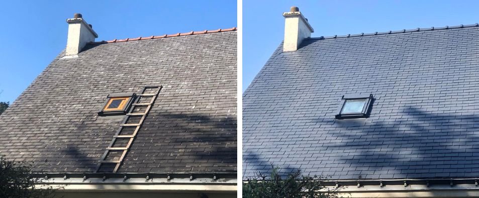 Toiture en ardoise démoussée et nettoyée à Dinard, avant après